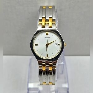 Womens Pulsar By Seiko Date Watch Gold Silver Two Tone Classic New Battery